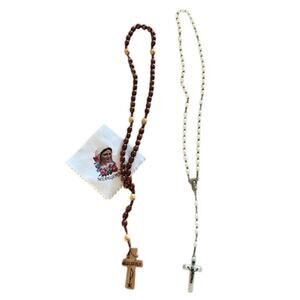 2 Catholic Rosaries Medugorje Wood Beads & White Oval Beads – Vintage Religious